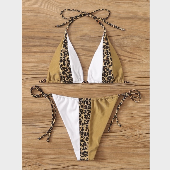 Gold White Cheetah Colorblock Bikini Swimsuit - Picture 7 of 10